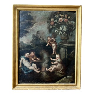 Italian School, 1600s, Allegory of Winter, Putti, Cherubs Still Life, 1800s, Oil on Canvas & Wood & Gold Leaf, Framed For Sale