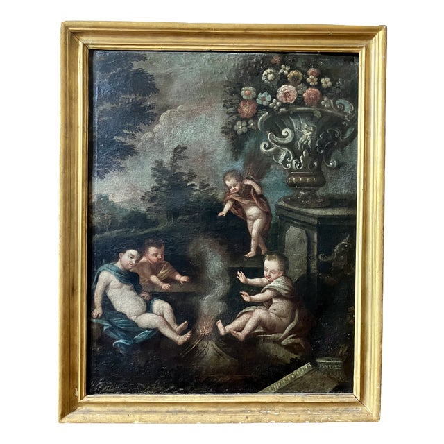 Italian School, 1600s, Allegory of Winter, Putti, Cherubs Still Life, 1800s, Oil on Canvas & Wood & Gold Leaf, Framed For Sale