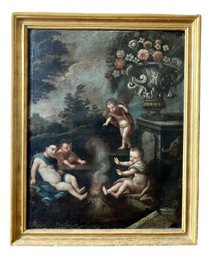 Italian School, 1600s, Allegory of Winter, Putti, Cherubs Still Life, 1800s, Oil on Canvas & Wood & Gold Leaf, Framed