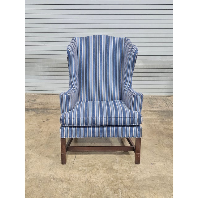 Traditional Late 20th Century Stickley Mahogany Williamsburg Mahogany Wingback Chair Schumacher Fabric For Sale - Image 3 of 11