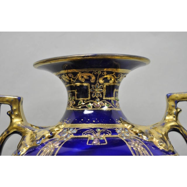 Ceramic Antique Nippon Hand Painted Cobalt Blue Porcelain Twin Handle Bolted Urn Vase For Sale - Image 7 of 18