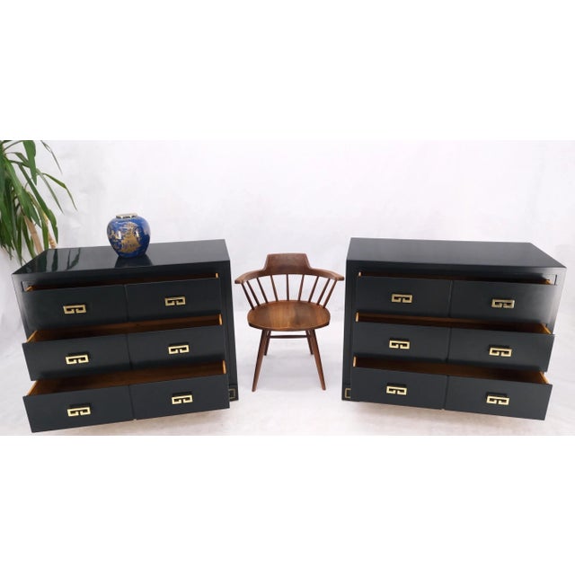 Pair of Mid Century Modern John Stuart Ebonized Lacquer Greek Key Brass Pulls Bachelor Chests MINT!
