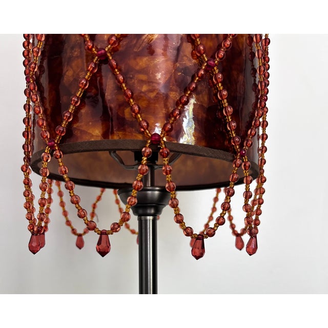 Hollywood Regency Vintage Brown Mica Drum Beaded Boudoir Parlor Lamp Shade For Sale - Image 3 of 10