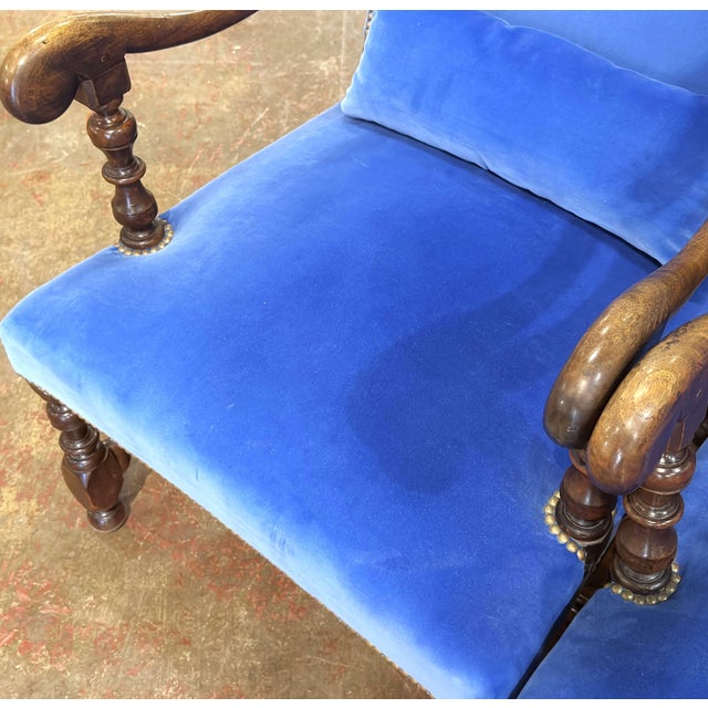 Pair of 19th Century French Louis XIII Walnut High-Back Armchairs With Velvet For Sale - Image 4 of 11
