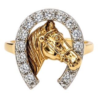 Vintage Truite Yellow Gold Horseshoe Horse Head Diamond Ring, Size 6.25 For Sale