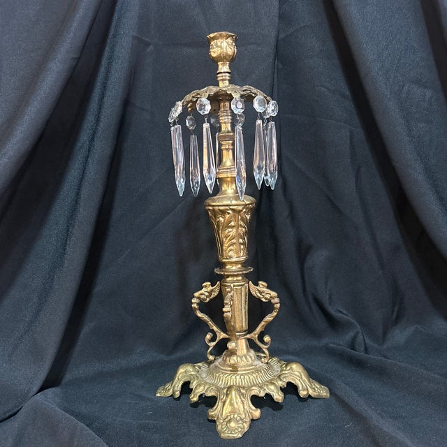 Stunning 1800’s gold gilded candle holder ornate design with crystal prisms