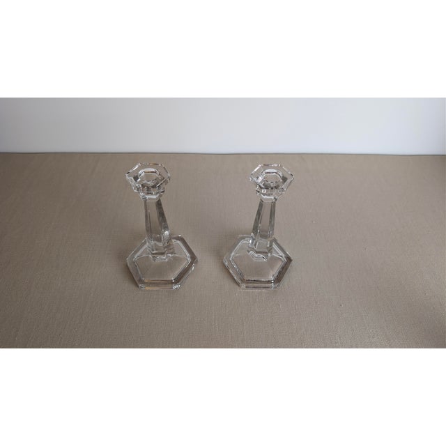 Pair of Vintage Clear Glass Candlesticks Candle Holders With Hexagonal Bases For Sale - Image 4 of 6