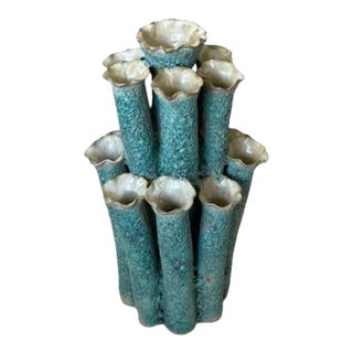 Vintage Organic Moss Green Textured Coral-Style Ceramic Tulipiere Vase For Sale