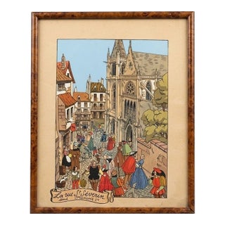 Vintage Emile Leroy Color Etching Rouen Rue St Romain Framed French Street Scene For Sale