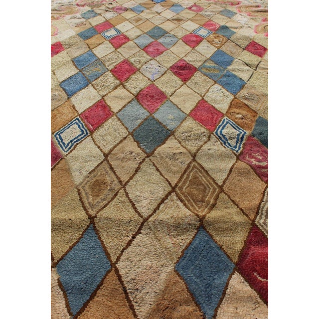 Blue Colorful 19th Century Antique American Hooked Rug With Diamond Design 4'1 X 8'8 For Sale - Image 8 of 11