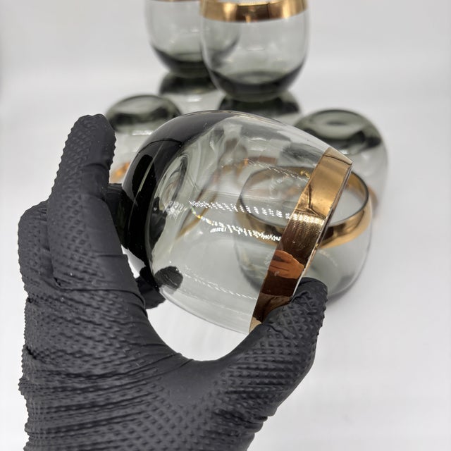 1960s Mid-Century Modern Smoky Gray Roly Poly Cocktail Glasses With Gold Rim - Set of 8 For Sale - Image 10 of 13