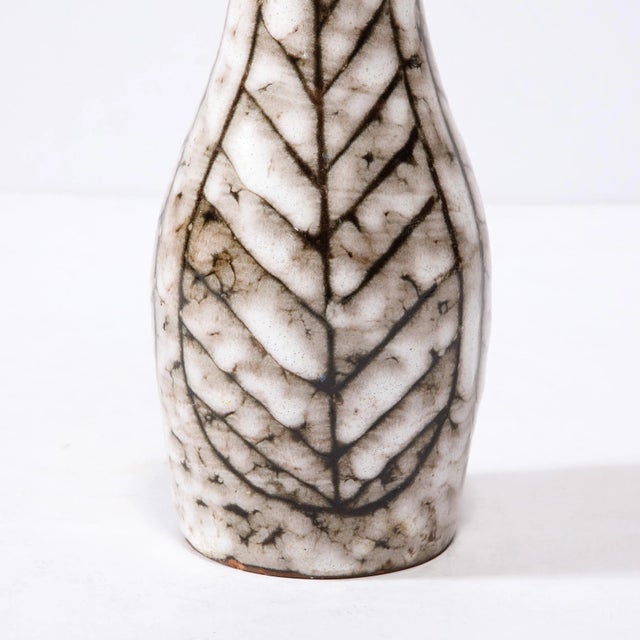 1960s Mid-Century Modernist White and Earth Toned Tapered Ceramic Vase With Leaf Motif For Sale - Image 5 of 13