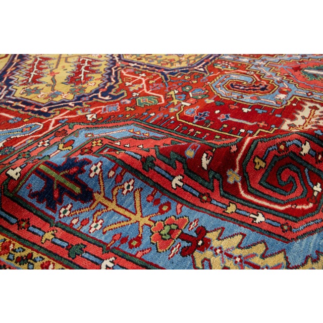 Goldenrod 20th Century Antique Heriz Multicolor Floral Medallion Wool Rug For Sale - Image 8 of 9