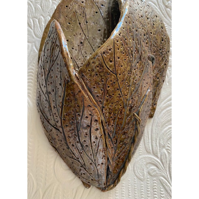 1990s Studio Pottery Leaves Shaped Wall Pocket Signed Monica Rickhoff 1993 For Sale - Image 5 of 8