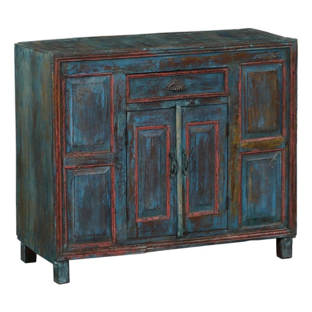 Antique Indian Painted Teakwood Buffet Cabinet For Sale