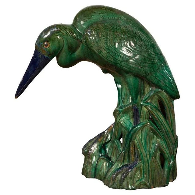 Vintage Lifesize Chinese Green & Blue Glazed Ceramic Heron Bird Sculpture For Sale - Image 13 of 13