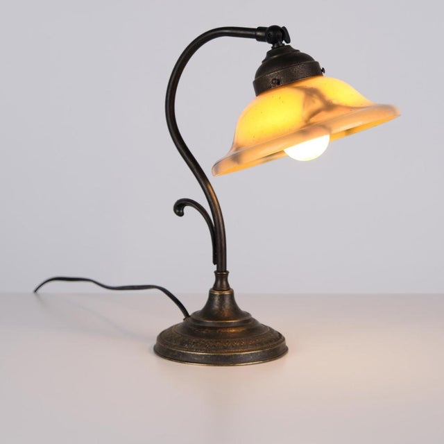 Vintage Desk Lamp in Wrought Iron with Yellow Frosted Glass Shade, 1930s For Sale - Image 4 of 11