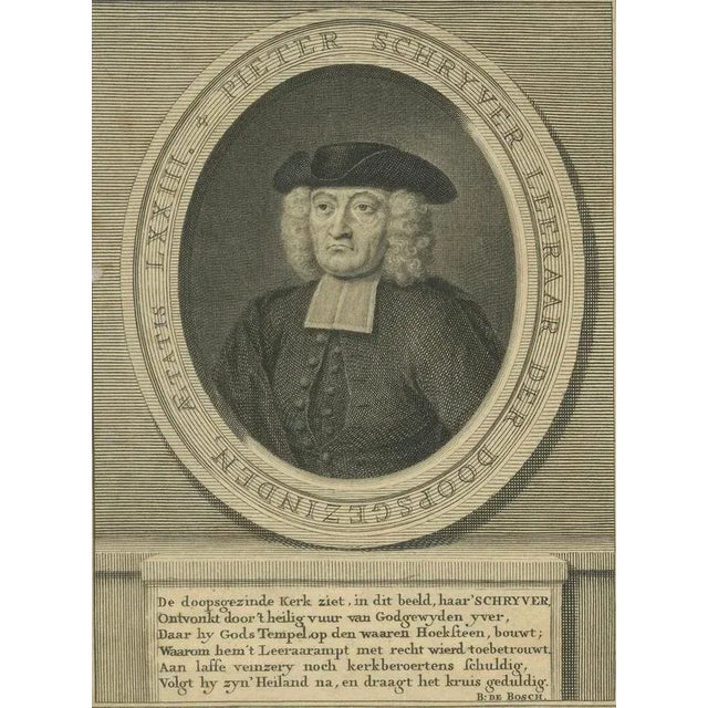 Portrait of Pieter Schrijver – Mennonite Preacher, Engraving by Jacob Folkema, 1739 This finely detailed 18th-century...