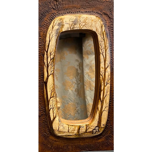 Rectangular mirror made of wood and talosel depicting two owls in the forest, 1960s, France Made of engraved wood, this...