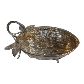 Silvered Metal Botanical Bowl With Branch Handle, 1970s For Sale