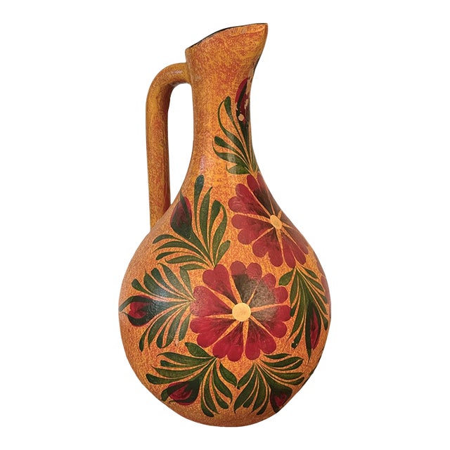 Vintage 18" Tonala Mexican Pottery Floral Ewer Pitcher For Sale