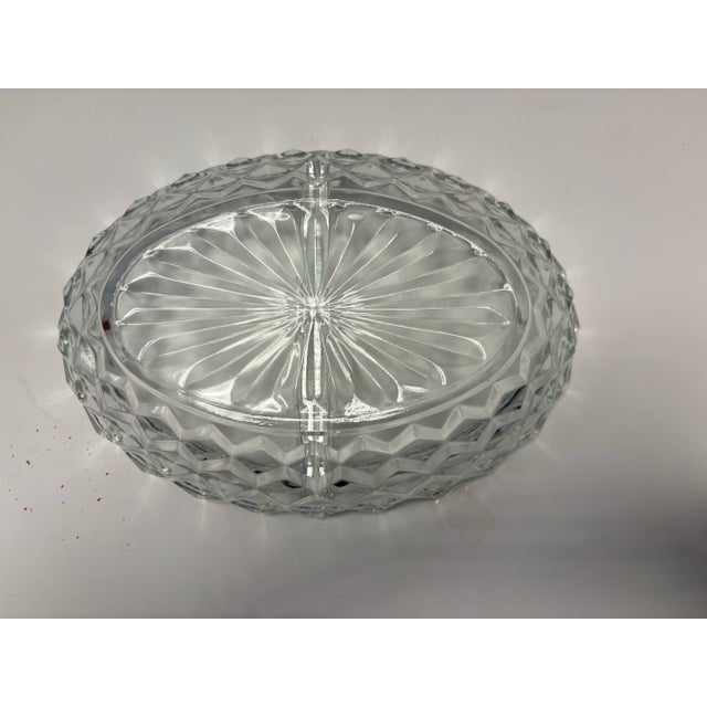 Indiana Glass Company Vintage Clear Pressed Glass Divided Relish Dishes With Scalloped Rim | Mid-Century Oval Serving Trays - a Pair For Sale - Image 4 of 6