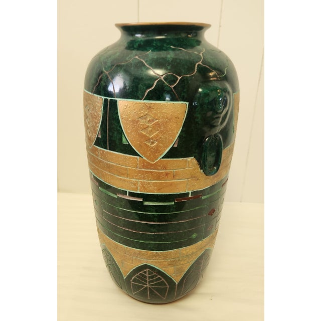 Pair Large Postmodern Vintage Green and Gold Floor Vases For Sale - Image 4 of 13