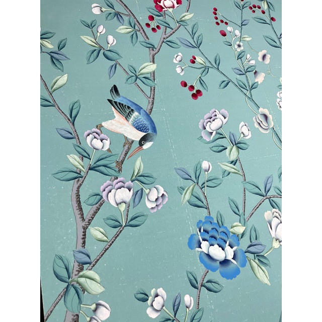 Not Yet Made - Made To Order Hand Painted Dusty Blue Chinoiserie Floral & Bird Mural 4-Panel Set For Sale - Image 5 of 5