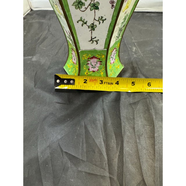Paint Antique Chinese Canton Enamel 17” Hexagonal Vase: Court Ladies & Wisteria For Sale - Image 7 of 9