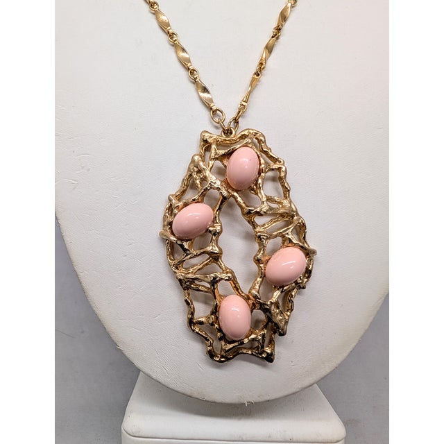 Pink Vintage 1973 Signed Napier Modernist Goldtone Cabochon Faux-Coral Pendant Necklace For Sale - Image 8 of 9