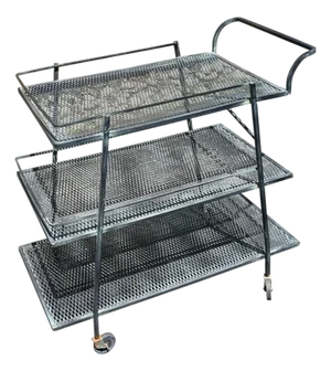 1960s Mid-Century Modern Black Wrought Iron Tiered Bar Cart, Salterini for Russell Woodard Style