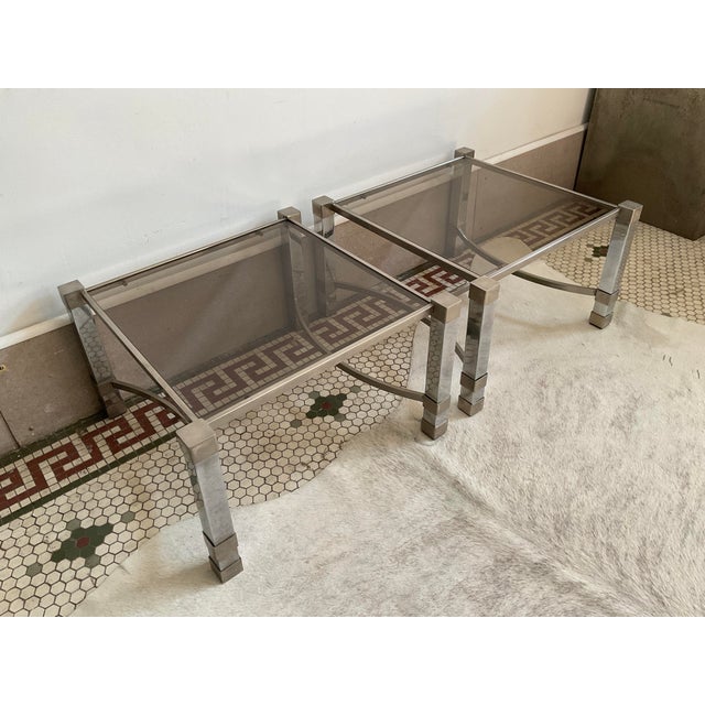 Pair of Metal Deco Tables With Smoked Glass Tops, 1960's, French For Sale In Raleigh - Image 6 of 17