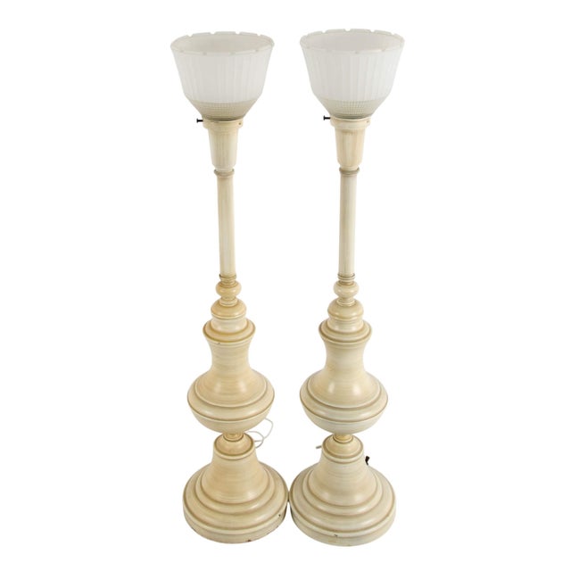 Mid 20th Century Pair of Steiff Table Lamps With Ivory‑Toned Bases and Ribbed Glass Shades For Sale - Image 5 of 6