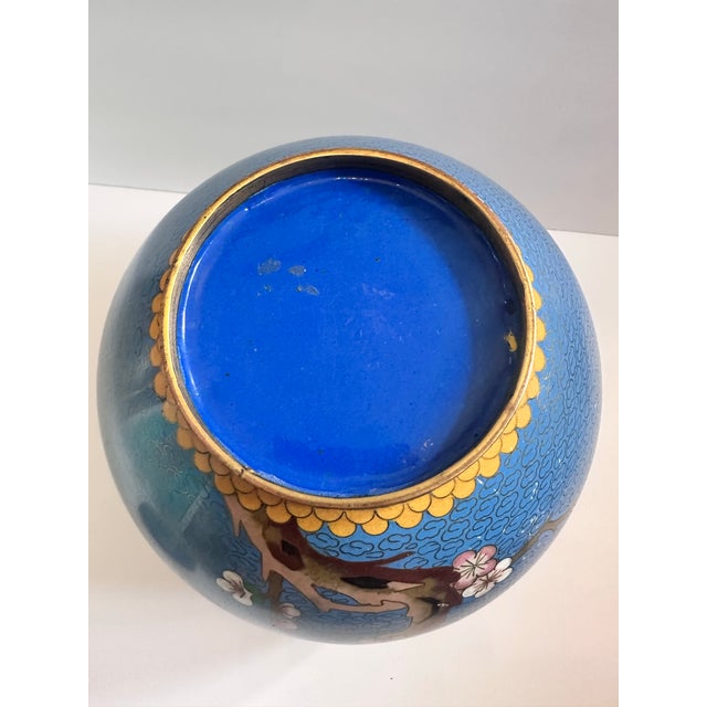 Chinoiserie Blue Chinese Cloisonné Ginger Jar on Carved Wood Stand For Sale - Image 3 of 12
