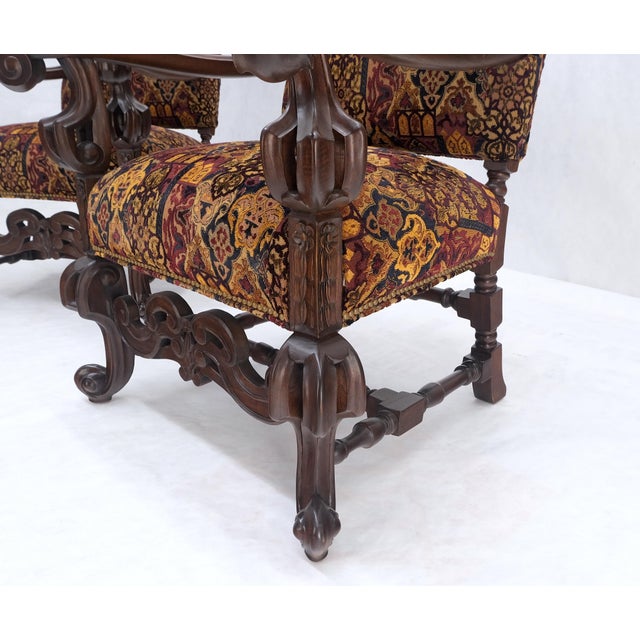Pair Gothic Oversized Heavily Carved Walnut Arm Chairs Tall Back Thrones MINT!