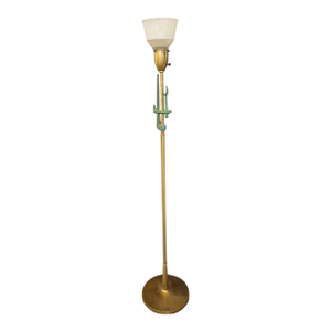 Mid-Century Modern Brass Toned Torchiere Floor Lamp With Sculptural Patinated Metal Accent and Ribbed Glass Diffuser
