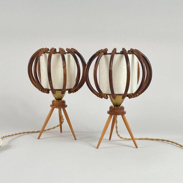Bamboo, Birch & Parchment Tripod Table Lamps, France, 1950s, Set of 2 For Sale - Image 14 of 18