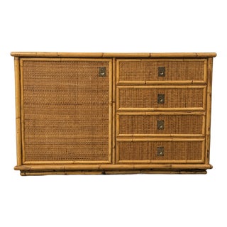Vintage Rattan and Bamboo Low Sideboard, Italy, 1970 For Sale