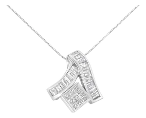 14K White Gold 1 7/8 cttw Princess and Baguette Cut Mixed Geometry Diamond Pendant Necklace (G-H, SI1-SI2)