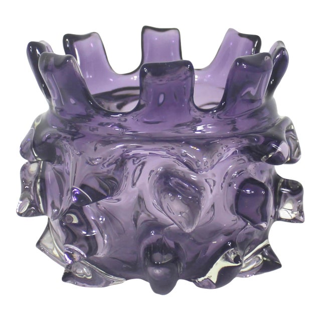 Vintage Brutalist Art Glass Vase Bowl Modernist Hand Blown Purple Amethyst For Sale
