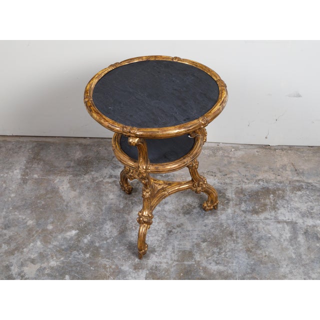 Italian Carved Giltwood Side Table with Slate Top, Shelf and Floral Motifs For Sale - Image 4 of 12