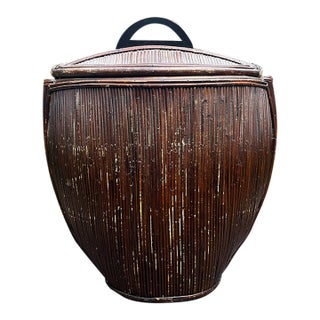 Vintage Coastal Monumental Pencil Reed Lidded Basket For Sale