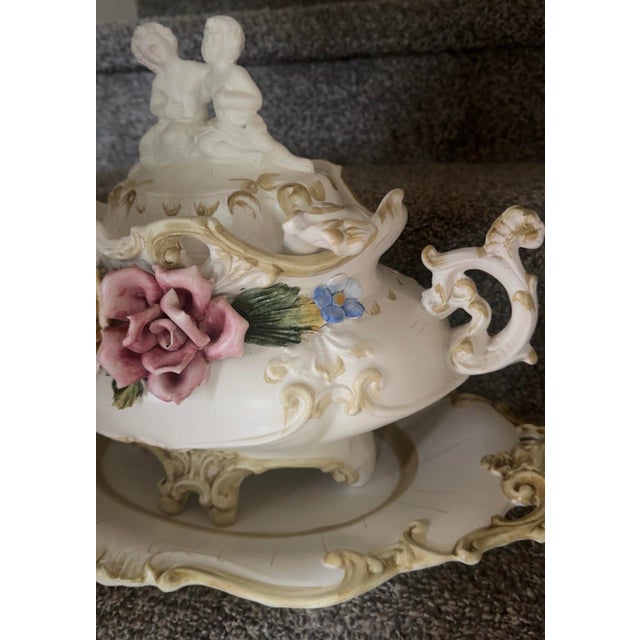 Ceramic Vintage Capelli Porcelain Cherub Covered Centerpiece With Matching Underplate | Rococo Floral Tureen | Victorian Decor For Sale - Image 7 of 7