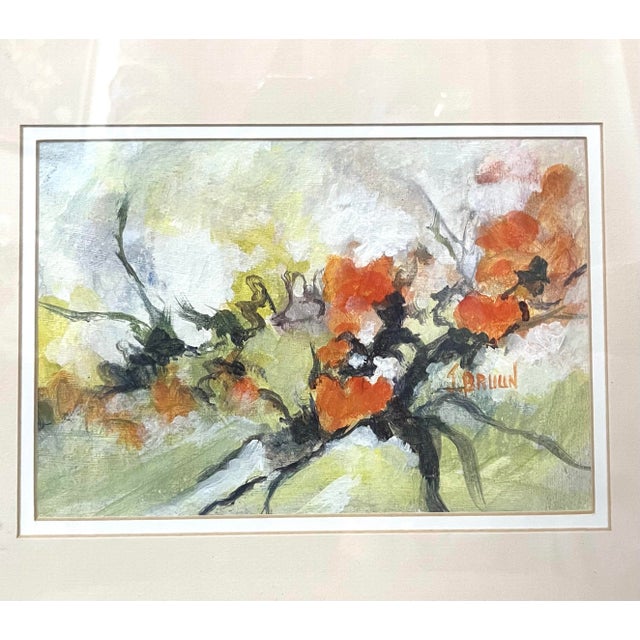 Contemporary Green and Orange Abstract Floral Original Painting - Artist Signed and Framed For Sale - Image 3 of 4