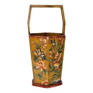 Antique Chinese Rustic Hand Painted Wood Basket or Bucket With Flowers, Ikebana Vase / Pail For Sale