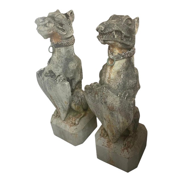 1990s Pair of Gothic Revival Cast Stone Seated Grotesque Garden Guardians For Sale