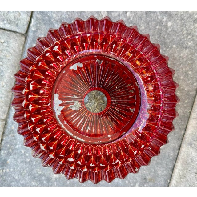 Vintage 1973 Brass Footed Ruby Red Diamond Cut Glass Compote Dish For Sale - Image 10 of 12