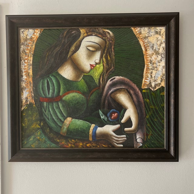 Abstract 20th Century Oil on Canvas Framed Signed by American Artist Titled Mother Mary With Sacred Heart of Jesus For Sale - Image 3 of 11