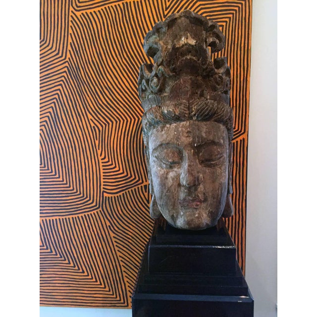 17th Century Large Wood Sculpture of Boddhisatva Head Ming Dynasty For Sale - Image 5 of 17