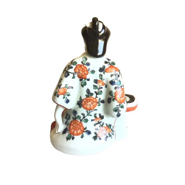 Vintage Sitting Asian Male Handcrafted Hand Painted Glossy Porcelain Figurine For Sale - Image 4 of 8